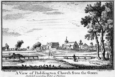 Vista de la Iglesia de Paddington desde el Green, c.1750
